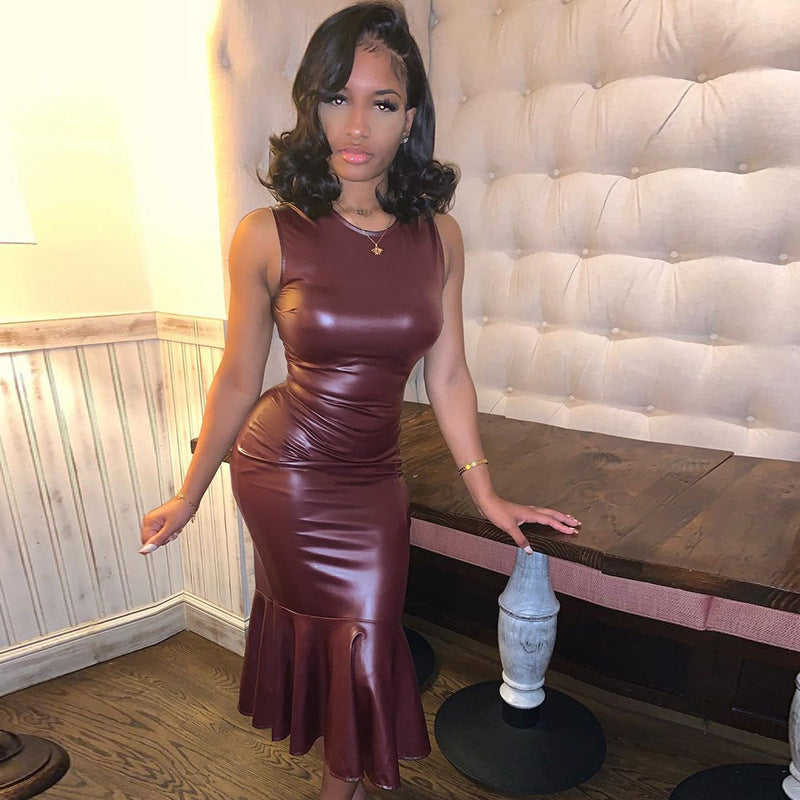 Women Clothing Spring Summer Faux Leather round Neck Sleeveless Waist Hip Pleated Fishtail Dress SaturdayNight