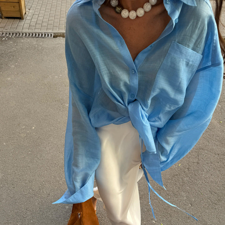 Ropa de mujer para principios de otoño, camisa de tencel de manga larga con cuello polo, camisa holgada para oficina que combina con todo