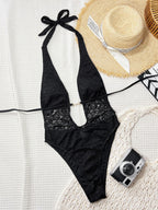 Solid Color Sexy Slim Lace Stitching Halter Big Backless Swimsuit DOUBLEOUT