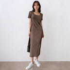 Summer Women Clothing Slim Fit Square Collar Slimming Short Sleeve Dress George