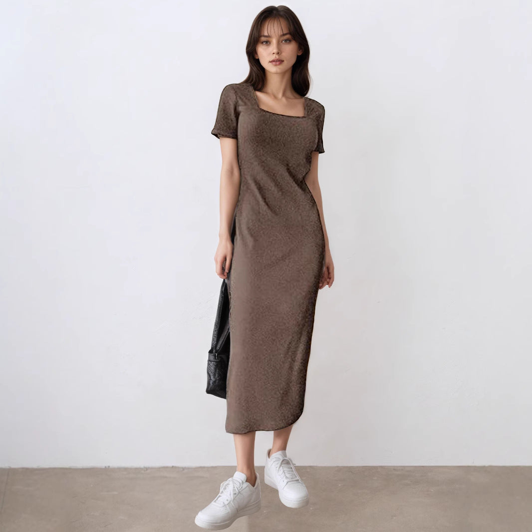 Summer Women Clothing Slim Fit Square Collar Slimming Short Sleeve Dress George
