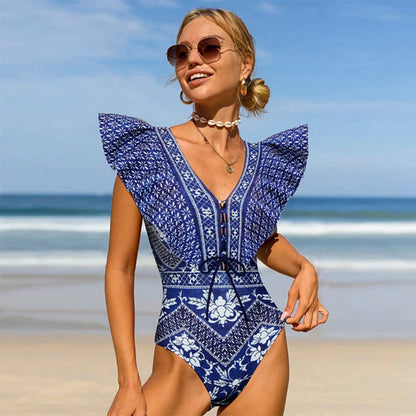 Traje de baño sexy con escote en V profundo y volantes en los hombros, sin espalda, para mujer