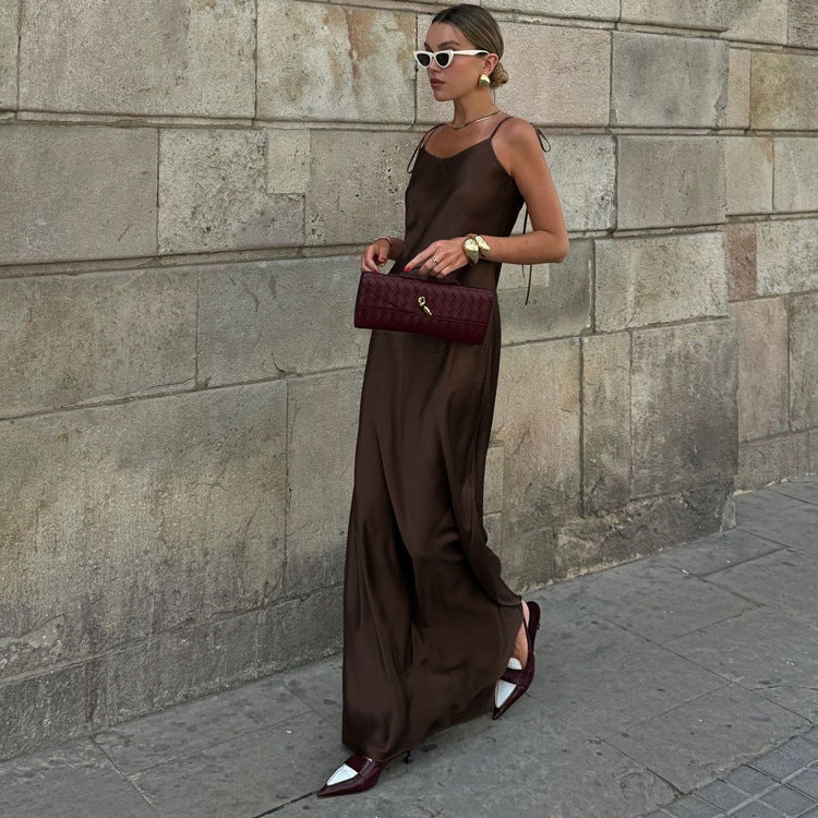 Sexy Long Suspender Dress Women Satin Drape Lace up off Shoulder Sleeveless High Waist Dress Kigali