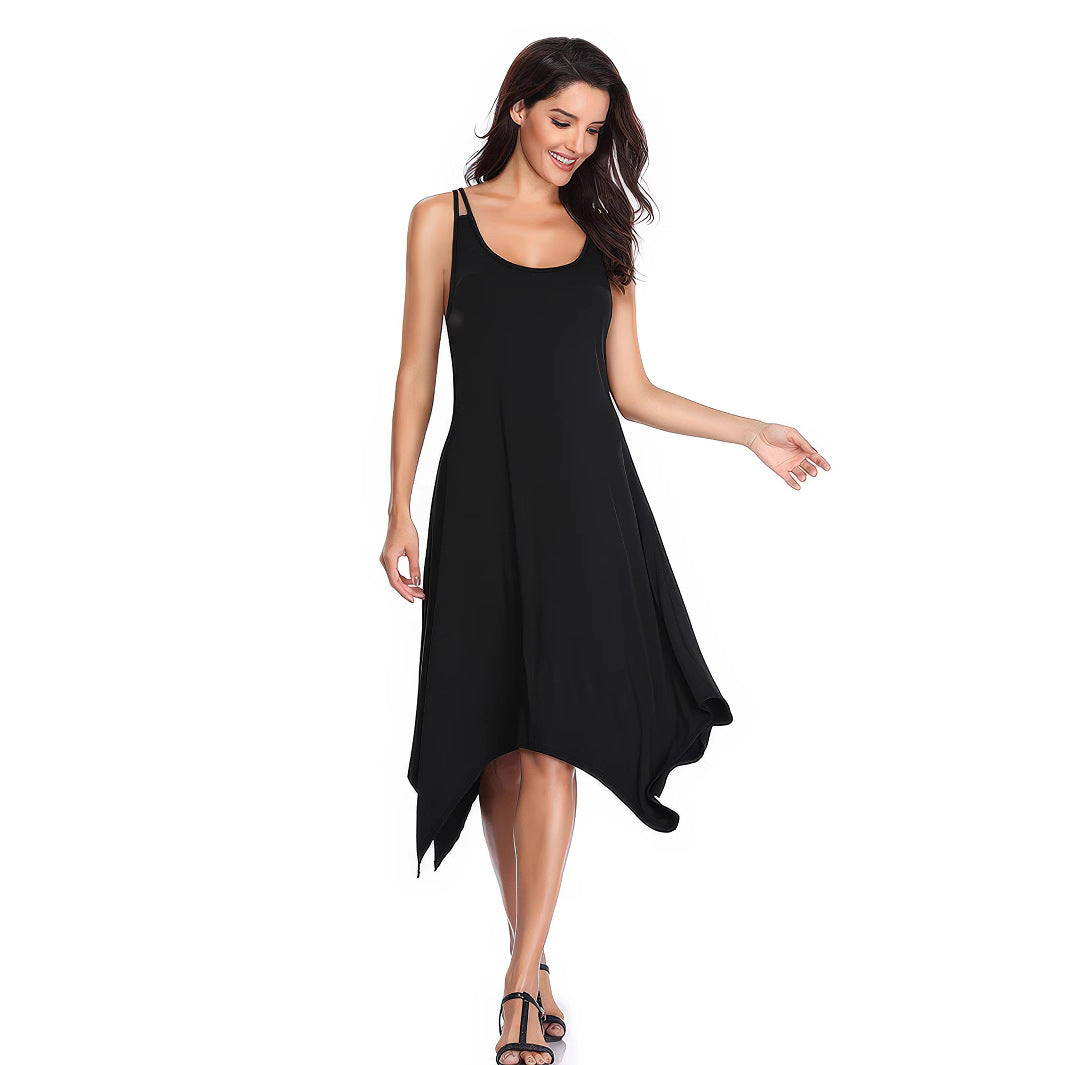 Women Clothing Summer Casual Solid Color Design Sleeveless Sling Dress Qube