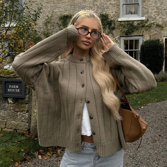 Loose Sweater Cardigan Autumn Winter Sunken Stripe round Neck Sweater Cardigan Knitted Cardigan Women