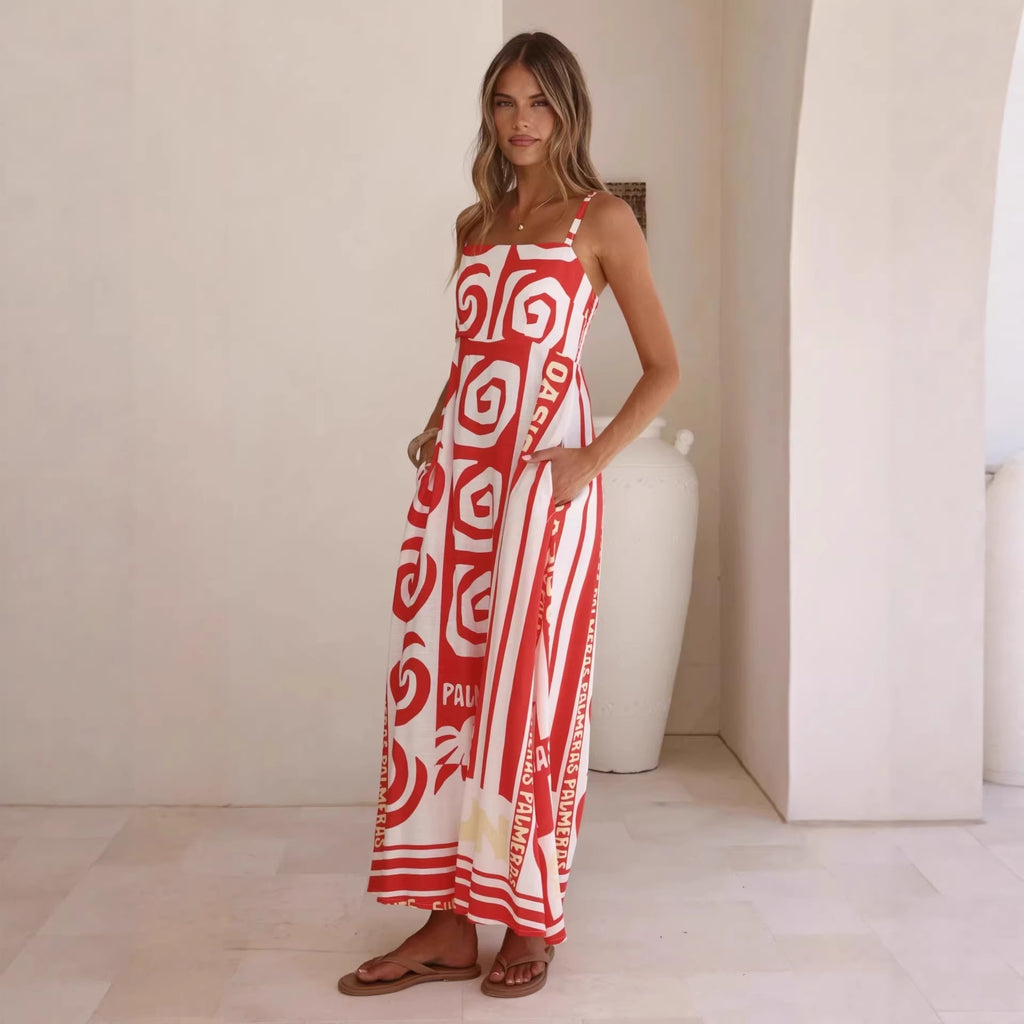 Summer Geometric Abstract Print Vacation Large Swing Cami Dress Women Dress Zemy