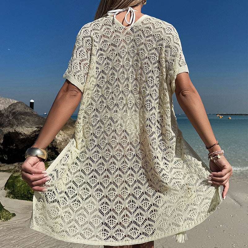 Hollow Out Cutout Knitted V neck Loose Side Drawstring Split Sexy Seaside Vacation Beach Sun Shield