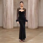 Dress Two Piece Semi Transparent Mesh Top Velvet Tube Top Dress Dinner Light Luxury Cheongsam