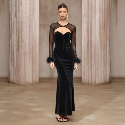 Dress Two Piece Semi Transparent Mesh Top Velvet Tube Top Dress Dinner Light Luxury Cheongsam