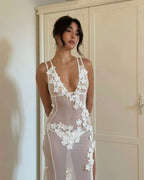 Women V neck Lace Stitching Sleeveless Waist Hollow Out Cutout Lace Dress FDhnpbk