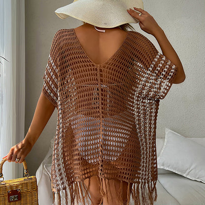 Contrast Color Sexy Loose Pullover V-neck Tassel Hollow Out Cutout out Beach Sun Protection Clothing Bikini Beach Cover-up Crochet hook