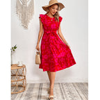 Summer Printed round Neck Ruffled Short Sleeve One Piece Dress for Women HNX