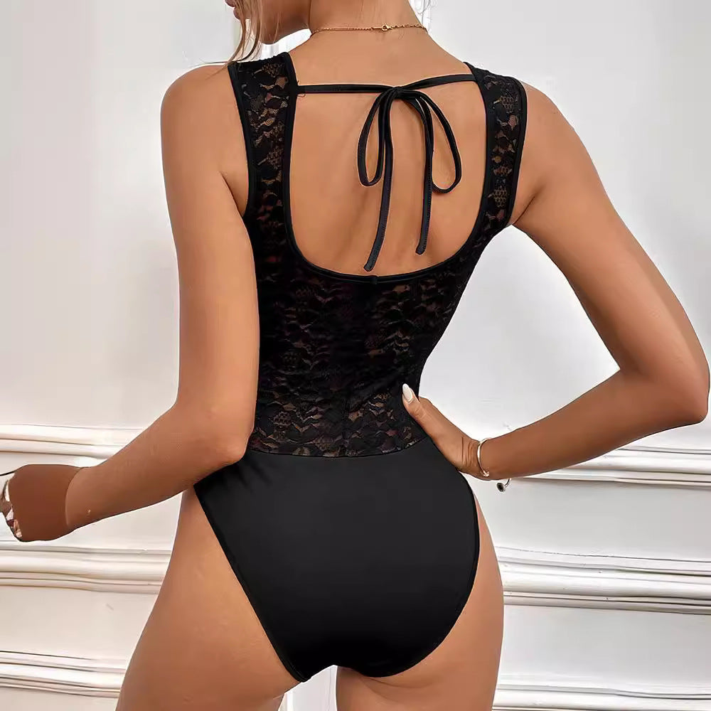 Mono de verano para mujer, de encaje, sin mangas, de color liso