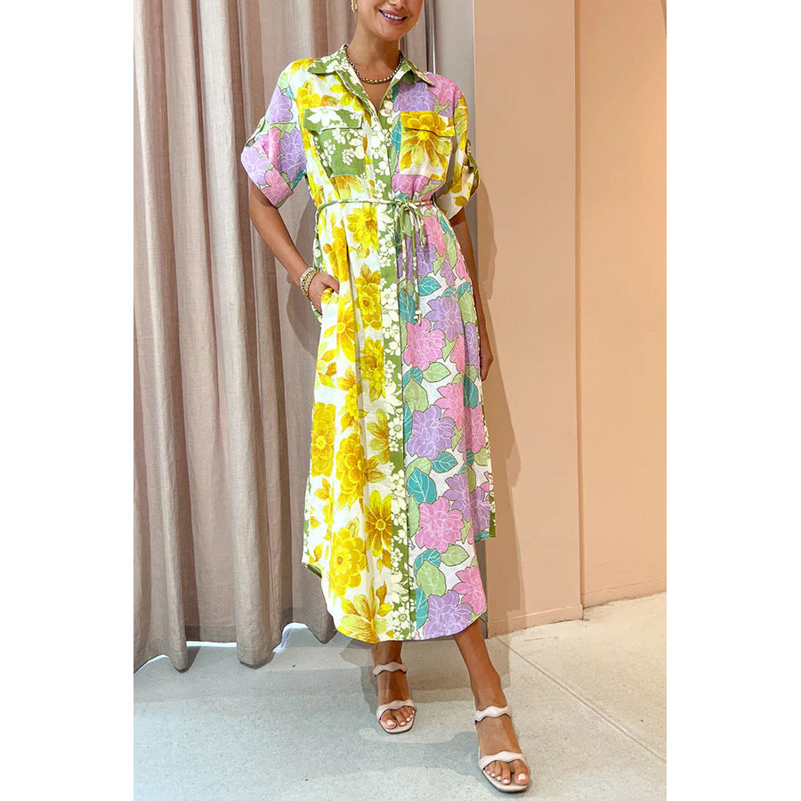 Spring Summer Loose Vacation Dress Casual Short Sleeve Lace up Pocket Dress Oyrina