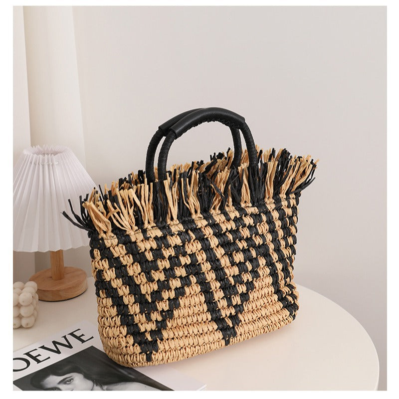 Color Matching Loose Edge Straw Bag Loose Edge Portable Color Matching Woven Bag Seaside Vacation Beach Bag Women Bag EaseWoven
