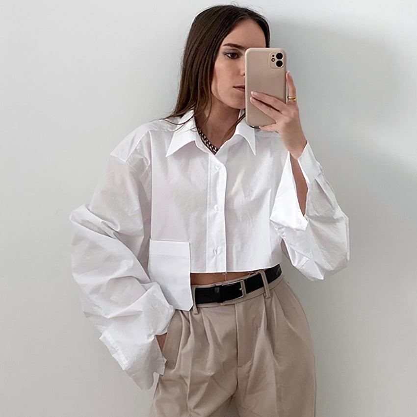 Camisa corta de otoño con costuras asimétricas, informal, con un diseño elegante y elegante, color blanco, para mujer.