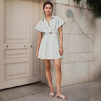 Holiday Striped Lace up Dress Polo Collar Casual Short Sleeve Cross Hollow Out Cutout Short Dress Rogan