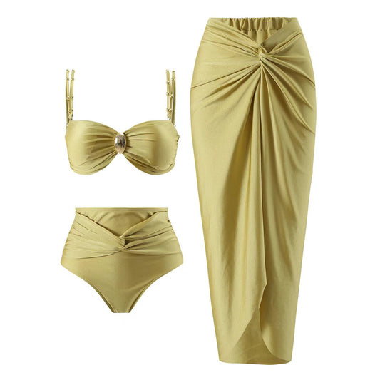 Traje de baño de bikini de tres piezas dividido para mujer, traje de baño adelgazante, falda de nailon