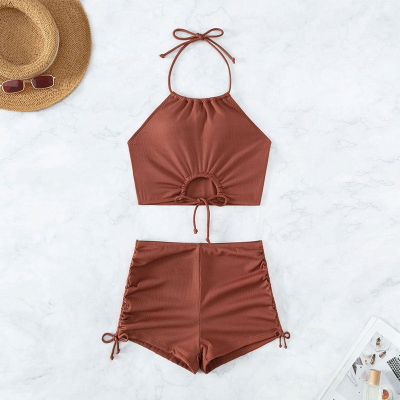 Traje de baño de dos piezas con estampado de leopardo para mujer, estilo bóxer deportivo para playa