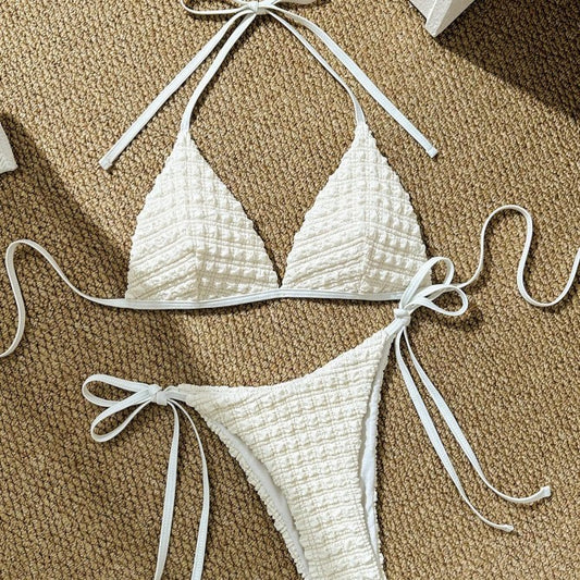 Traje de baño de color sólido, bikini sexy con cordones y cuello halter, traje de baño separado para mujer