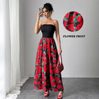 Spring Summer Elegant Lady Rose Print Short Stitching Bandeau Sexy Maxi Dress Vivish