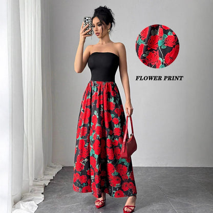 Spring Summer Elegant Lady Rose Print Short Stitching Bandeau Sexy Maxi Dress Vivish