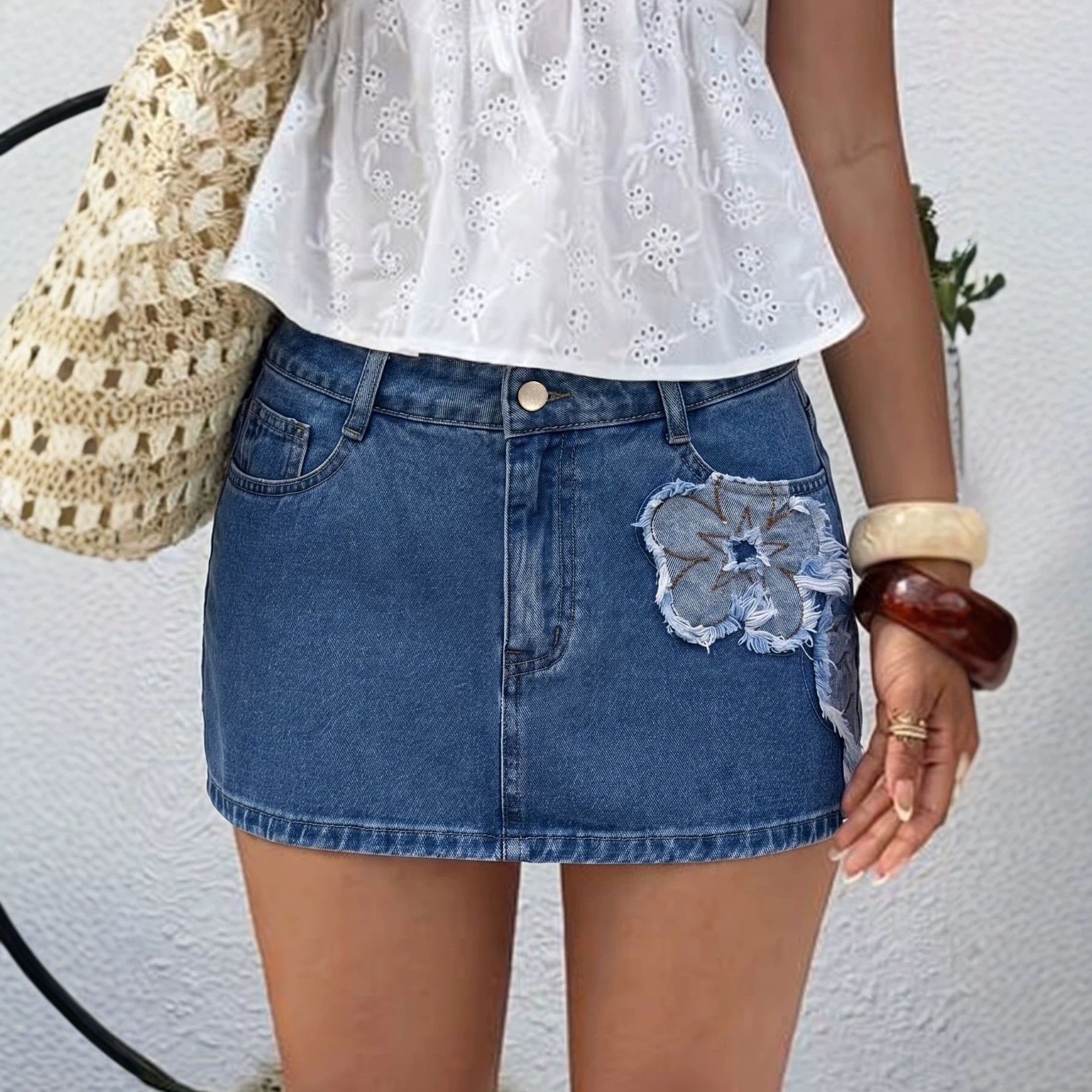 Summer Denim Skirt Women A line Slimming Personality Embroidery JinRen
