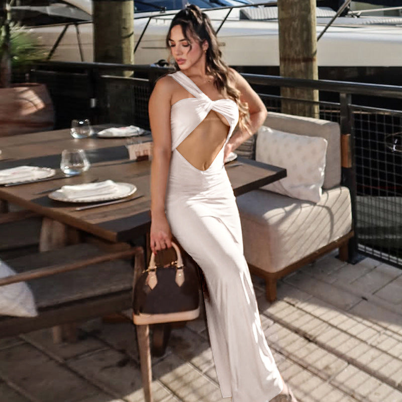 Vestido ajustado plisado con un hombro al descubierto y corte sexy de color liso para mujer de verano