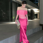 Women Clothing Spring Summer Sexy See through Stitching off Shoulder Dress BULLINGER