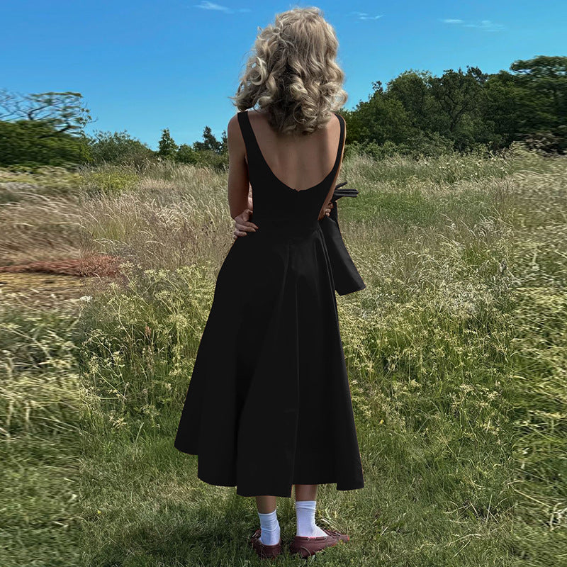 Women Clothing Summer Solid Color Sleeveless Waist Slim Backless Dress Flash Vision