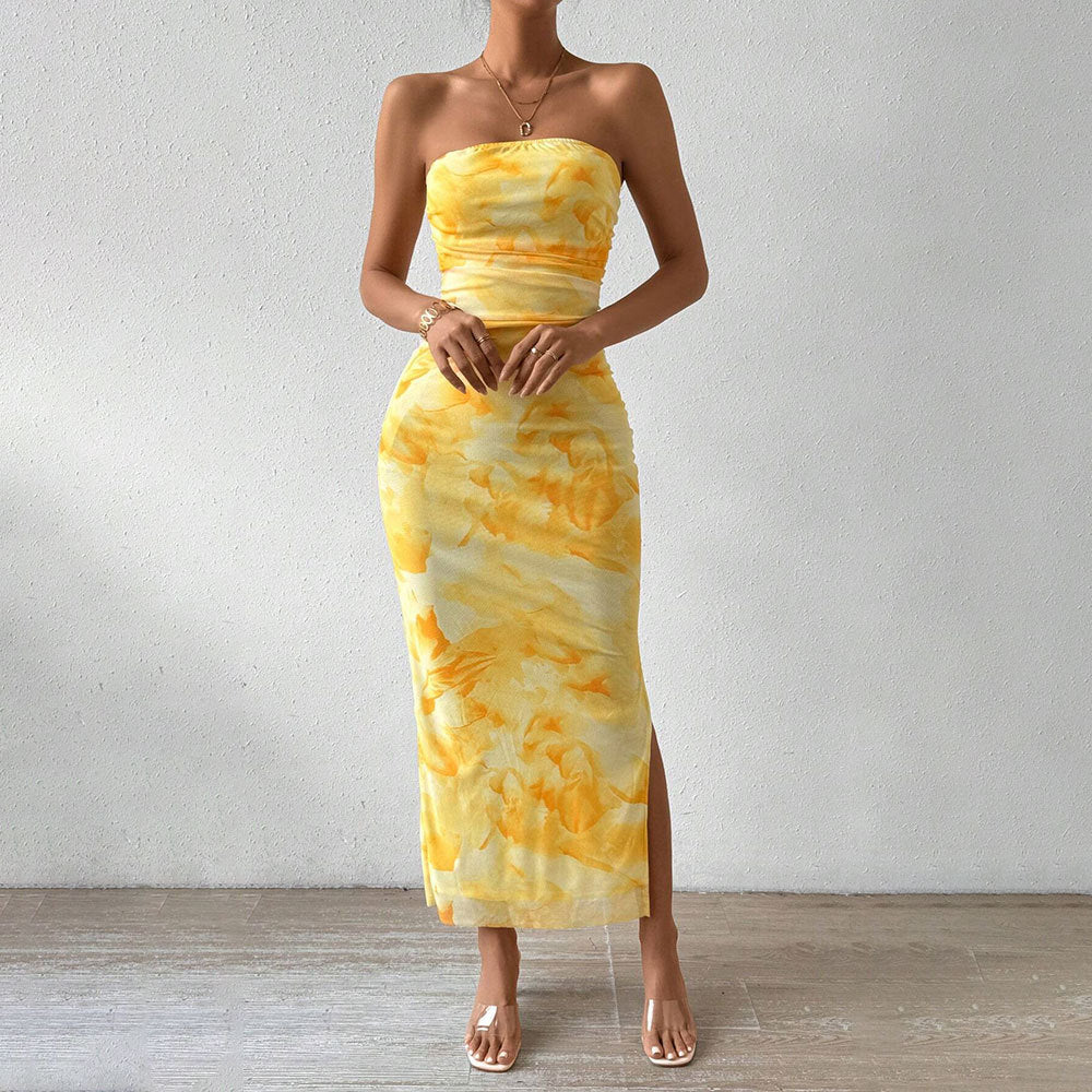 Printed Dress Spring Summer Women Clothing High Waist Slit Tube Top Dress Yiskiss