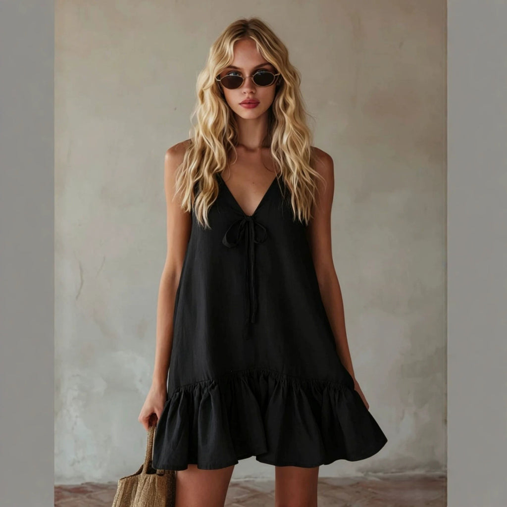 Summer Retro Vacation V neck Sleeveless Ruffled Loose Dress Eping