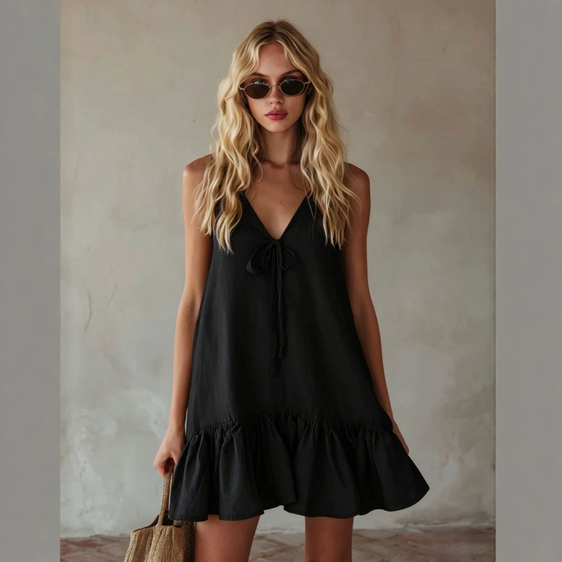 Summer Retro Vacation V neck Sleeveless Ruffled Loose Dress Eping