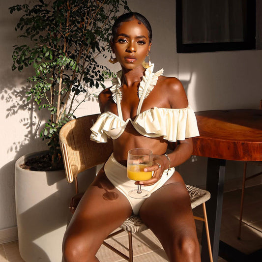 Solid Color High Waist Split Swimsuit Women off the Shoulder Tube Top Ruffled Bikini Sexy Bikini