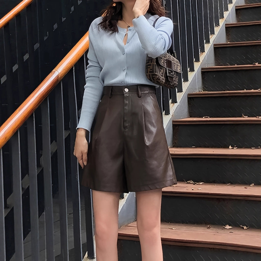 Women Simple Solid Color High Waist Button Short All Match Loose Faux Leather Shorts Venly