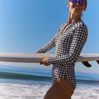 Plaid Printed Long Sleeve One Piece Swimsuit Women Surfing Zipper One Piece Thunder