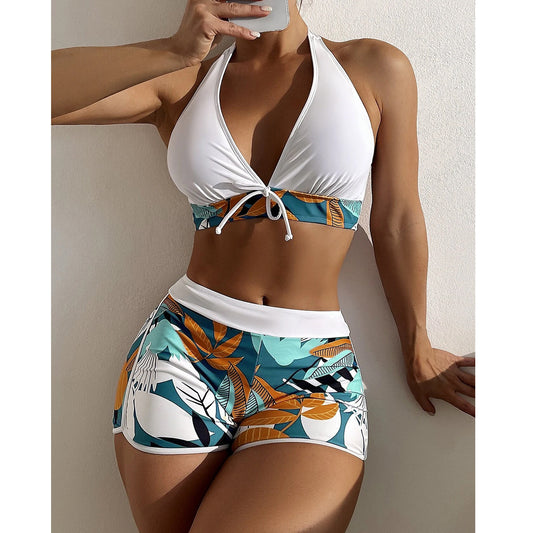 Traje de baño para mujer, cintura alta dividida, tipo bóxer, con estampado de encaje y costuras de color liso.