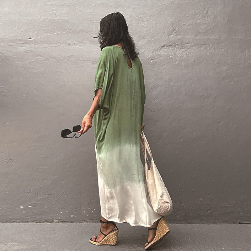 Gradient Color Rayon Beach Dress Vacation Beach Cover Up Swimsuit Outwear Dress Women Slit