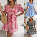 Spring Summer Casual Hollow Out Cutout out Tied Short Sleeve Floral Dress Women Clothing BAGIISA