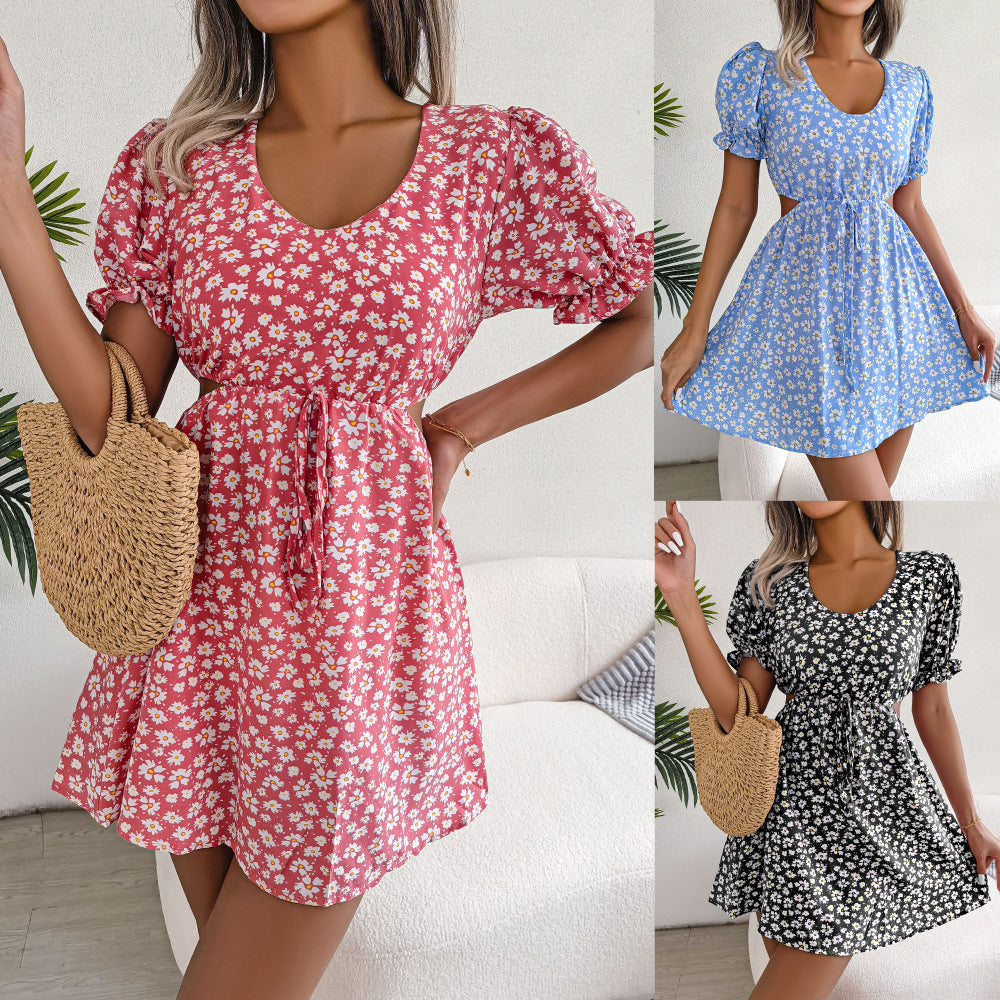 Spring Summer Casual Hollow Out Cutout out Tied Short Sleeve Floral Dress Women Clothing BAGIISA