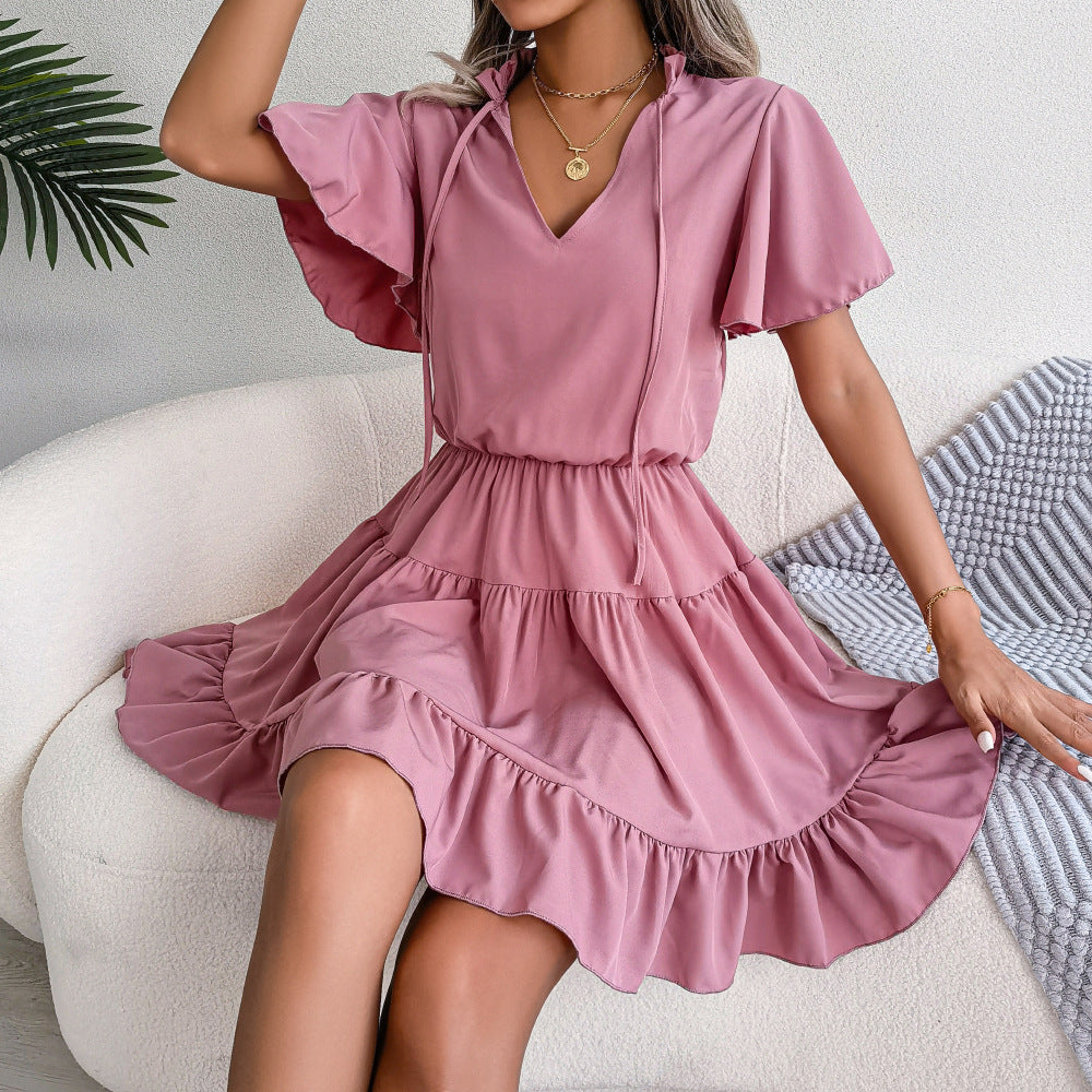 Spring Summer Flounced Ribbon Big Hem A- line Solid Color Dress Women Clothing BAGIISA