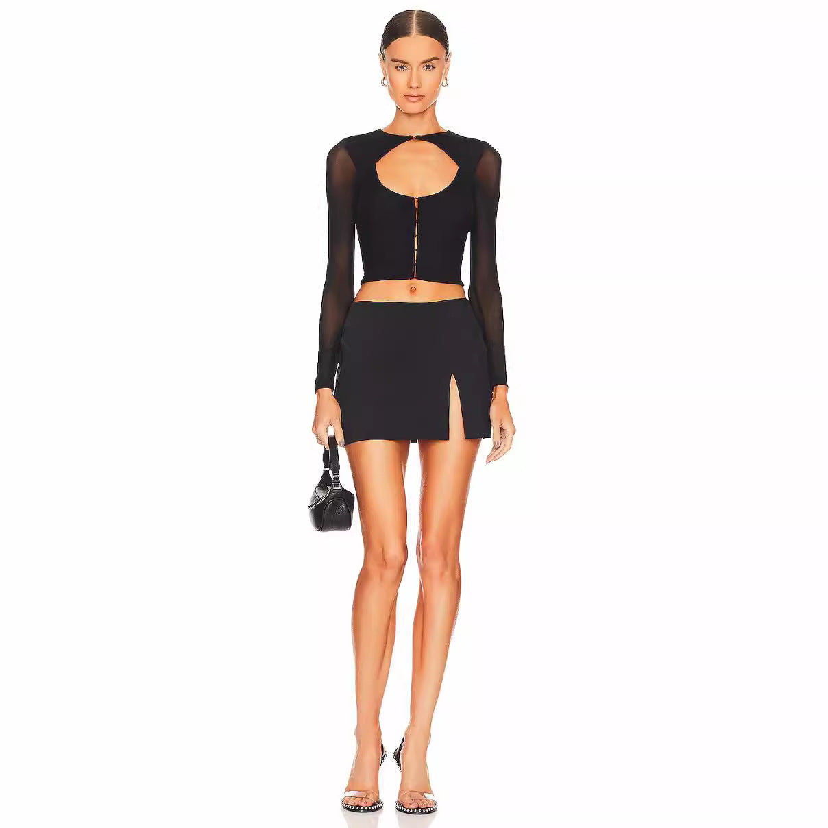 Blusa negra de manga larga con diseño de malla para mujer, cárdigan ajustado de otoño con hebilla