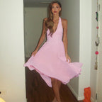 Women Clothing Summer Solid Color Halter Backless Gauzy Stitching Dress LEKINS