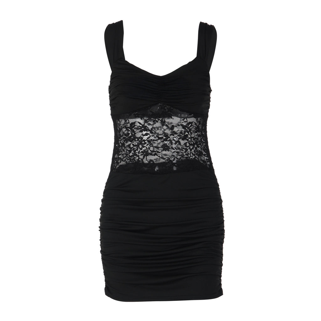 Women Clothing Short Summer Solid Color Sleeveless Sexy Lace Stitching Ruffle Hip Dress LEKINS