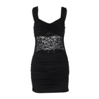 Women Clothing Short Summer Solid Color Sleeveless Sexy Lace Stitching Ruffle Hip Dress LEKINS