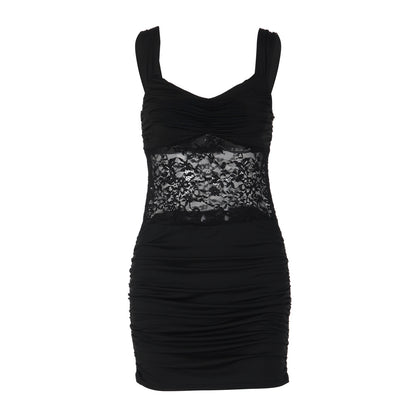 Women Clothing Short Summer Solid Color Sleeveless Sexy Lace Stitching Ruffle Hip Dress LEKINS