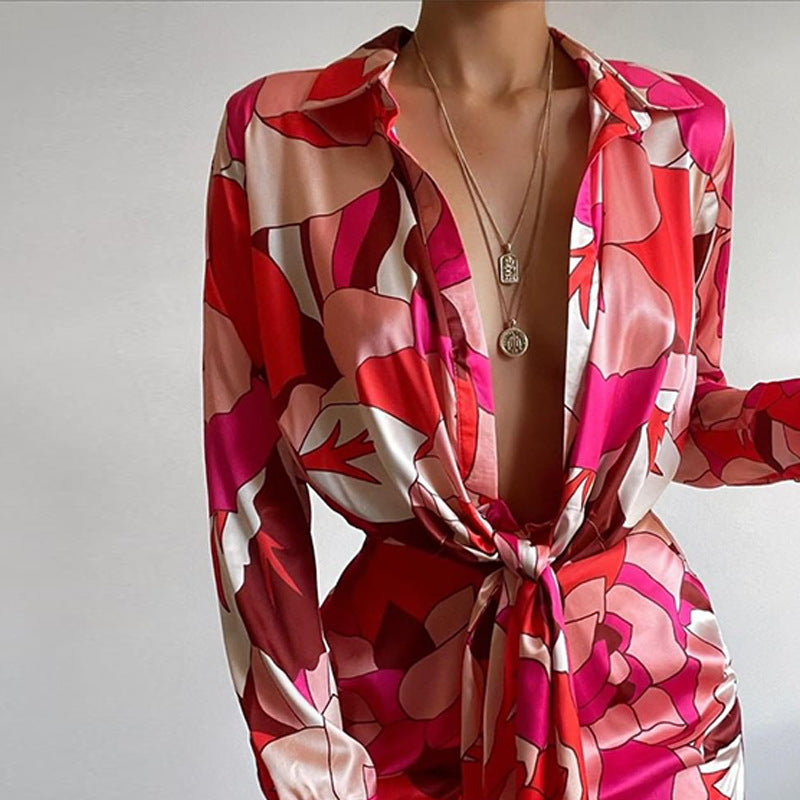 Summer Sexy Women Wear Collared Print Long Sleeve Narrow Shirt Dress HOPE