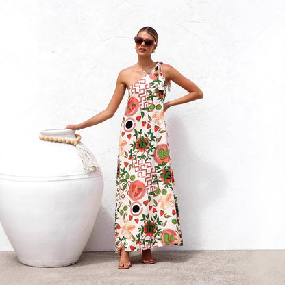 Vestido de verano estampado con cordones en los hombros para mujer