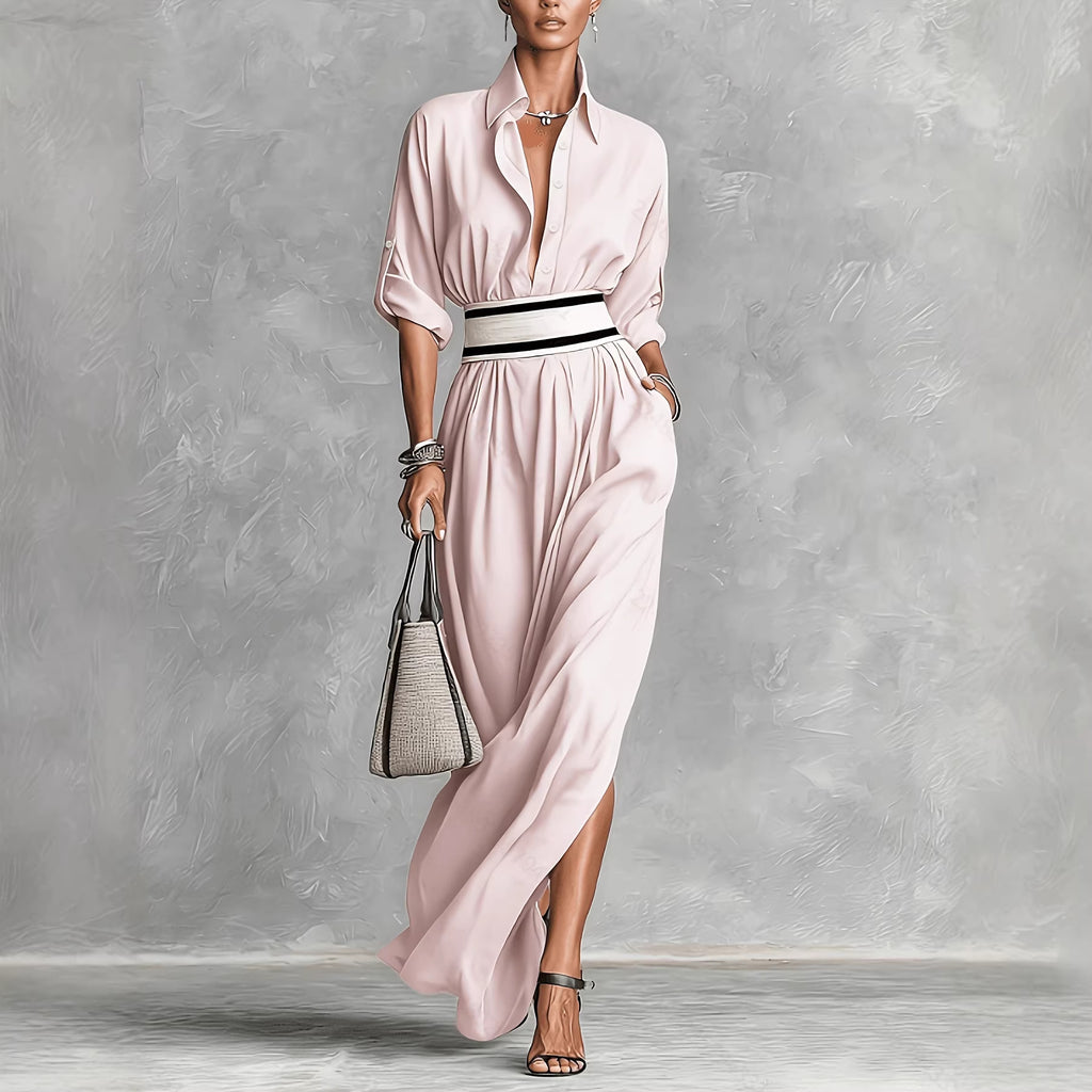 Women Clothing Draping Effect High Slit Maxi Dress Lapels Single Breasted Long Sleeve Dress Rogan