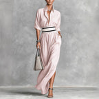 Women Clothing Draping Effect High Slit Maxi Dress Lapels Single Breasted Long Sleeve Dress Rogan